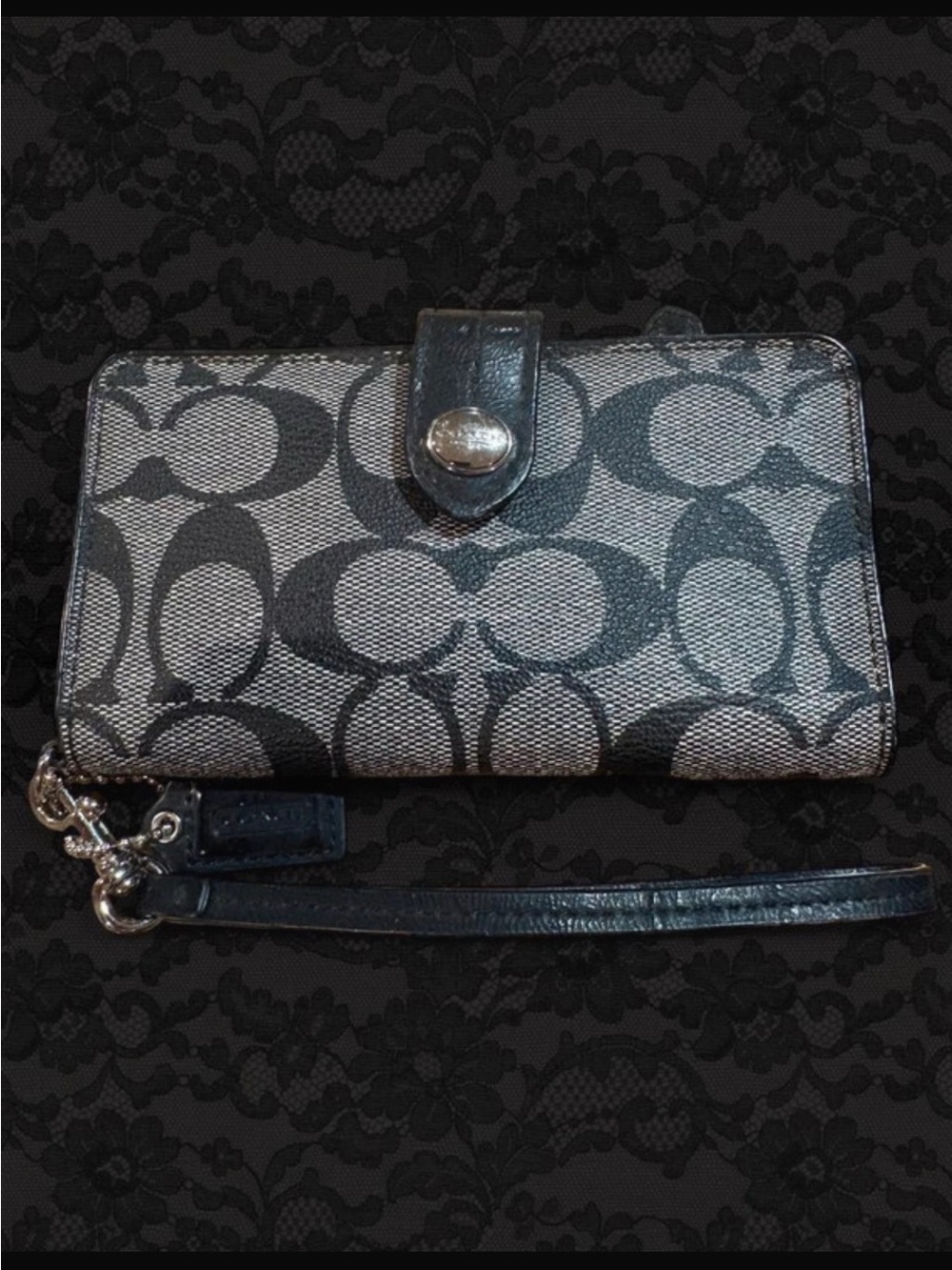 Coach Black and Gray Signature Canvas Wristlet Clutch